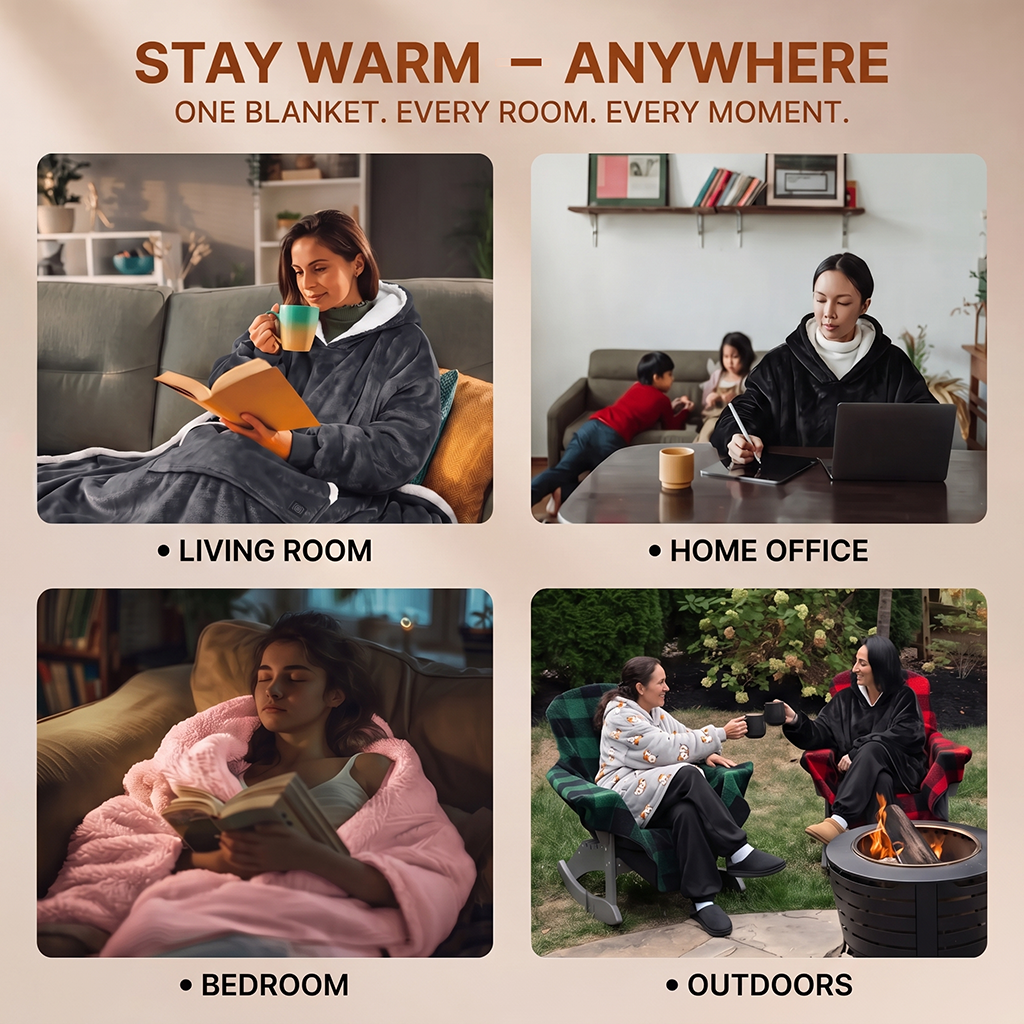 A Solrevé Solis™ promotional collage showing a plush hooded blanket in four lifestyle settings: living room, home office, bedroom, and outdoors by a fire pit. The top text reads 'STAY WARM – ANYWHERE' and 'ONE BLANKET.