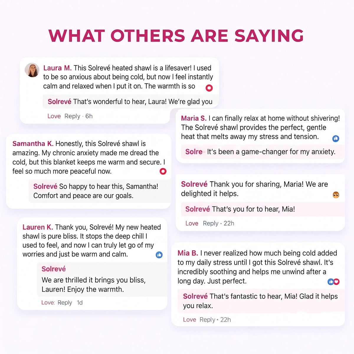 A digital graphic displaying multiple customer testimonials with text reviews and photos of a person wearing a light pink heathered wrap blanket, under the heading 'WHAT OTHERS ARE SAYING'.