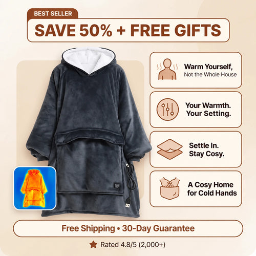 A dark gray plush hooded blanket sweater with a white inner hood lining, displayed on a beige background with promotional text and feature callouts. The image includes a small inset showing the blanket glowing orange when heated.