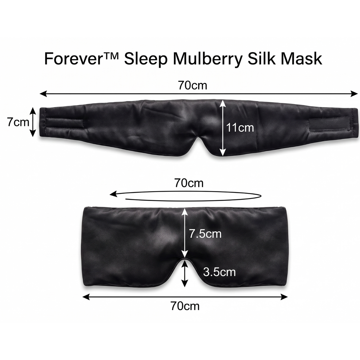 A black Forever™ Sleep Mulberry Silk Mask shown with dimension annotations on a white background, including top and side measurements and bottom width/center depth measurements.